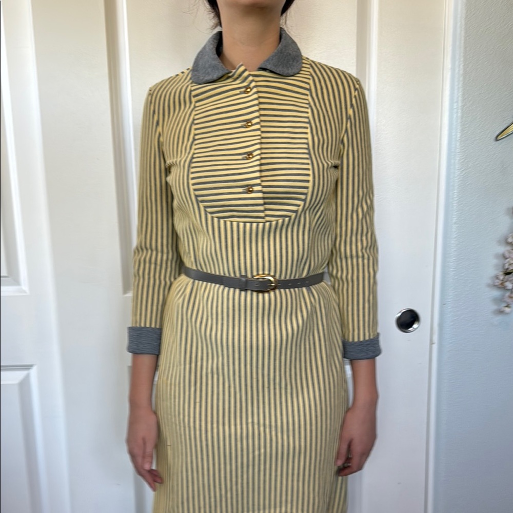 VINTAGE 60s DAVID CRYSTAL striped yellow and gray dress includes belt M L - Picture 2 of 12